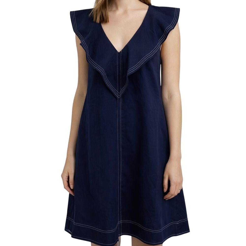 Avara Navy Blue Linen Blend Sailor Collar Shift Dress Contrast Stitch‎ Small
